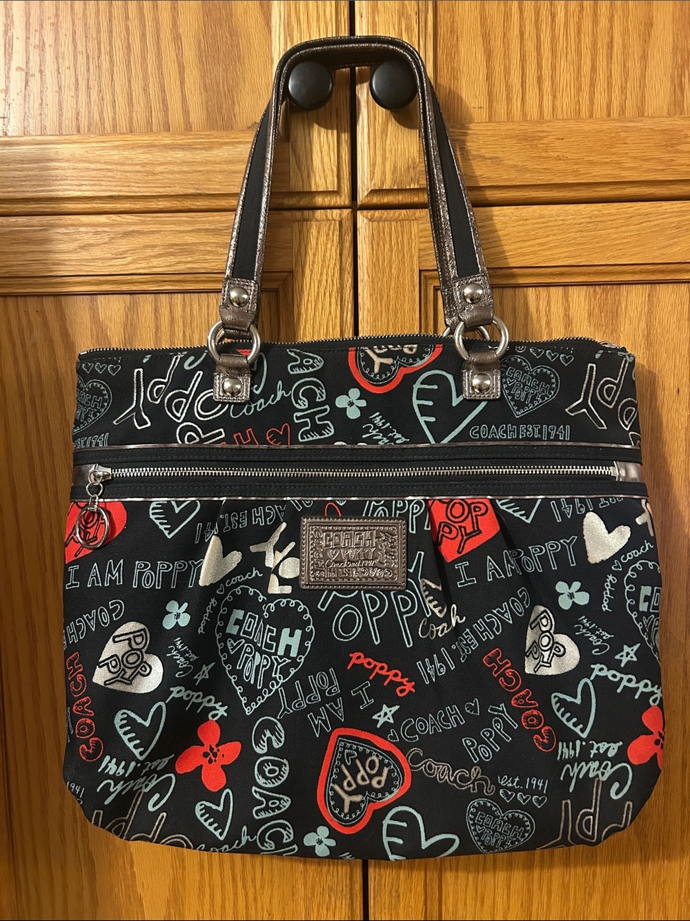 Coach Black Tote with Red and Mint Poppy Print